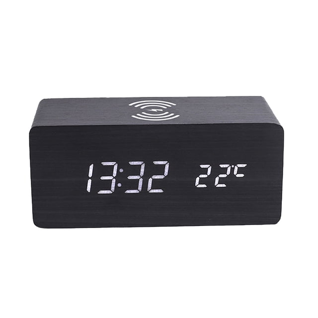 Reloj despertador digital de madera Pantalla LED electrónica de tiempo para dormitorio Carga inalámb Tomshoo Negro