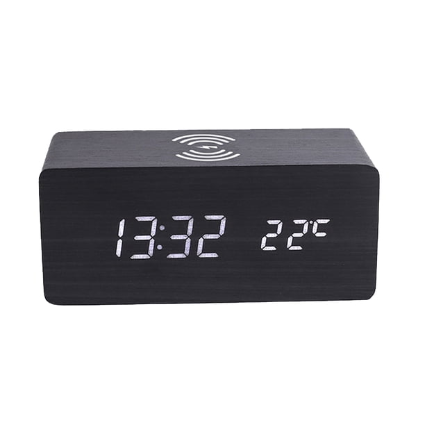 Reloj despertador digital de madera Pantalla LED electrónica de tiempo para dormitorio Carga inalámb Tomshoo Negro