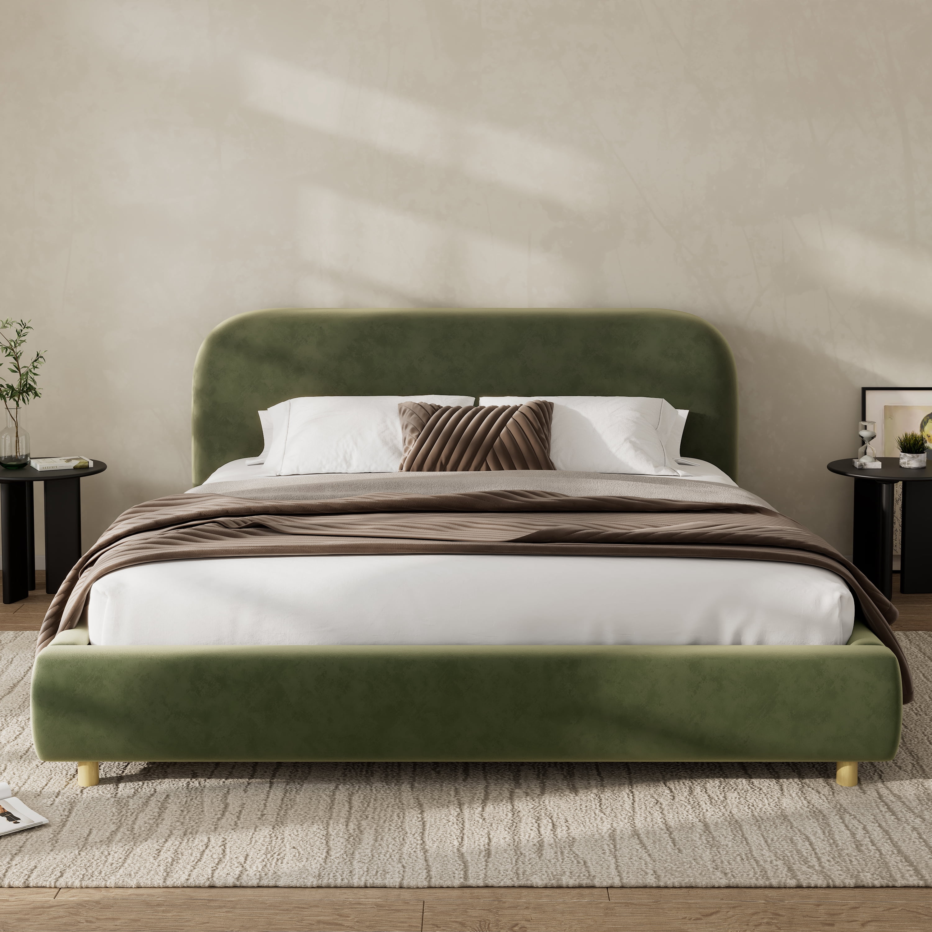 Queen Size Platform Bed with Plush Velvet Fabric, Curved Thick Padded Headboard, Upholstered Bed Frame with Wood Slats for Bedroom, Olive Green