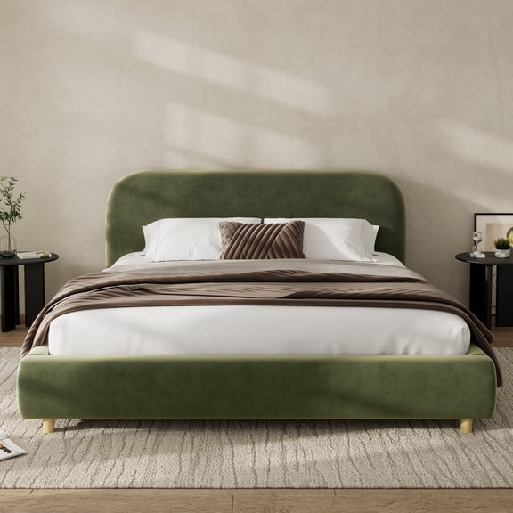 Queen Size Platform Bed with Velvet Fabric, Upholstered Bed with Curve Thick Headboard, Olive Green