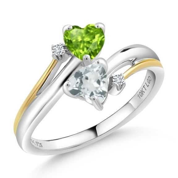Gem Stone King 0.94 Cttw Green Peridot Sky Blue Aquamarine and Lab Grown Diamond 2 Heart Couple Engagement Mother Ring | 925 Sterling Silver and 10K Yellow Gold | Available in Size 5, 6, 7, 8, 9