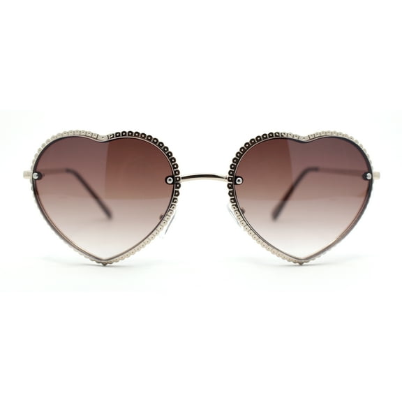 Womens Metal Race Jewel Trim Rimless Heart Shape Hippie Sunglasses Gold - Brown