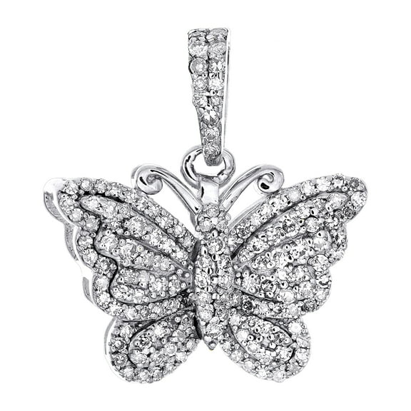 10K White Gold Round Diamond Double Frame Butterfly Pendant 0.70" Charm 3/8 CT.