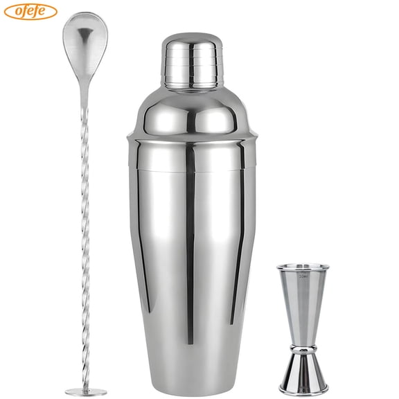 Cocktail Shaker Set,24oz Drink Shaker with Bartender Strainer, Measuring Jigger, Bar Mixing Spoon, Cocktail Recipe Guide, Professional Drink Mixer Set for Beginners, Silver
