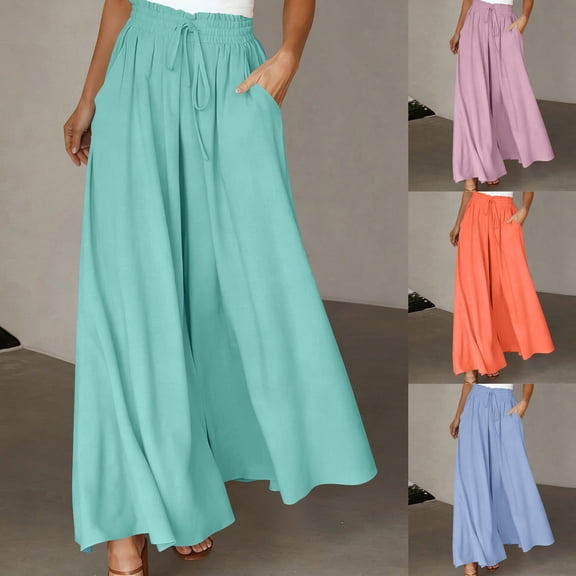 Miluxas Womens Wide Leg Palazzo Pants Summer Elastic High Waist Flowy Culottes Casual Loose Fit Boho Beach Vacation Trousers with Pocket Purple