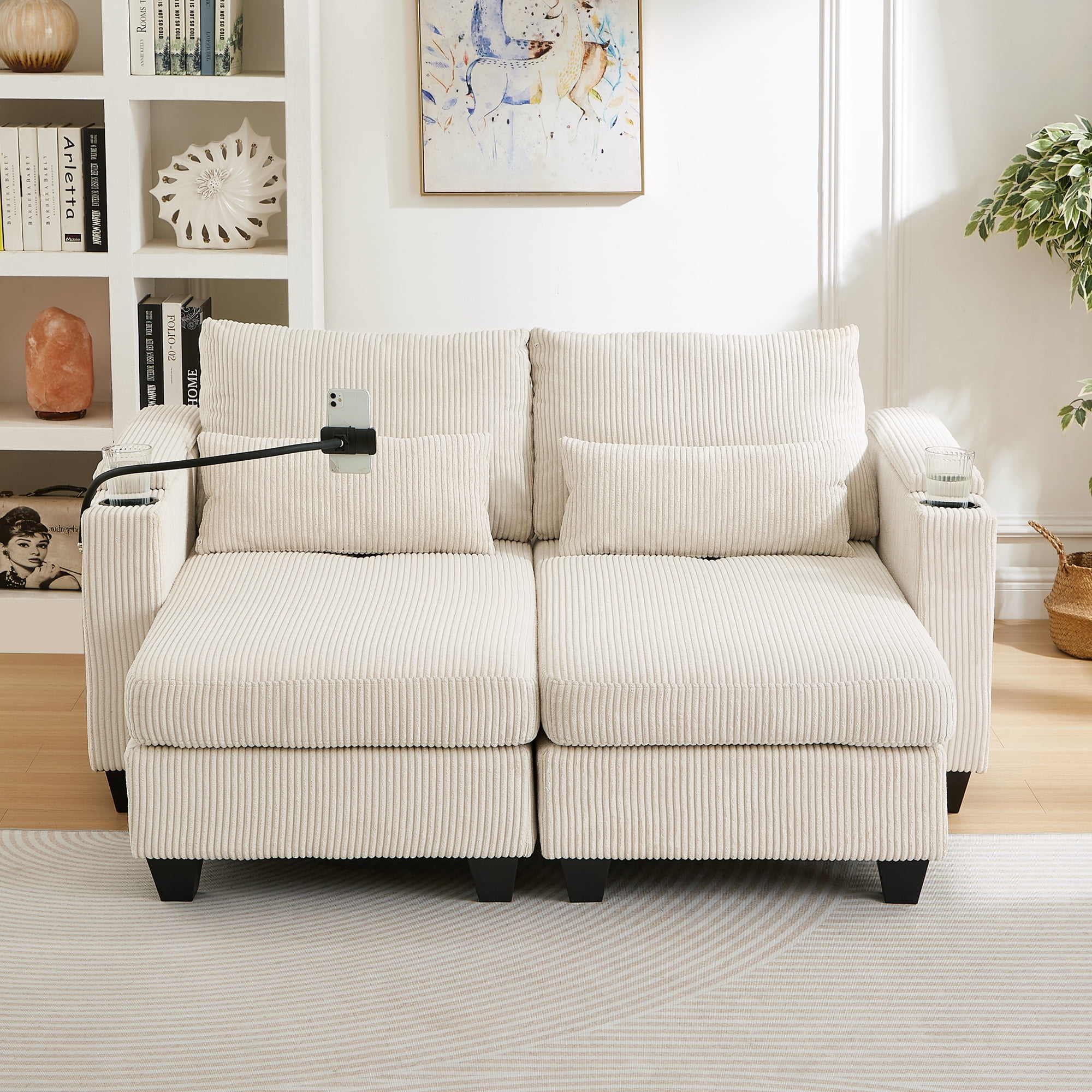 Euroco Convertible Chaise Lounge 63" Loveseat Sofa Sofa Bed Corduroy Sleeper Sofa with USB Ports , Two Cup Holders, A Phone Holder and Ample Storage Space for Living Room and Bedroom, Beige