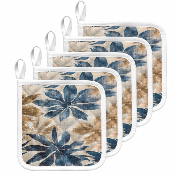 Navy Blue Brown Pot Holders for Kitchen Heatproof Potholder, 5 Pack Tropical Botanical Palm Leaves Vintage Hot Pads Multipurpose Oven Pads Cloth Potholders Trivet for Cooking Baking
