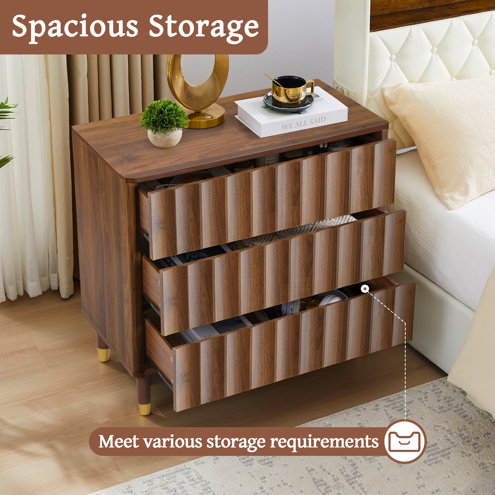 LEFHDA 31.5" Dresser Fluted 3 Drawer Dresser, Small Modern Chest of Drawers, Wood Storage Dressers Organizer Storage Cabinet for Bedroom Living Room Hallway Entryway