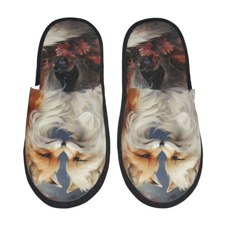 Balery Romantic Flower Fox Couple Slient Indoor Furry Fleece Comfort House Shoes Soft Non-Slip Home Shoes Cotton slippers House Slippers-- Large