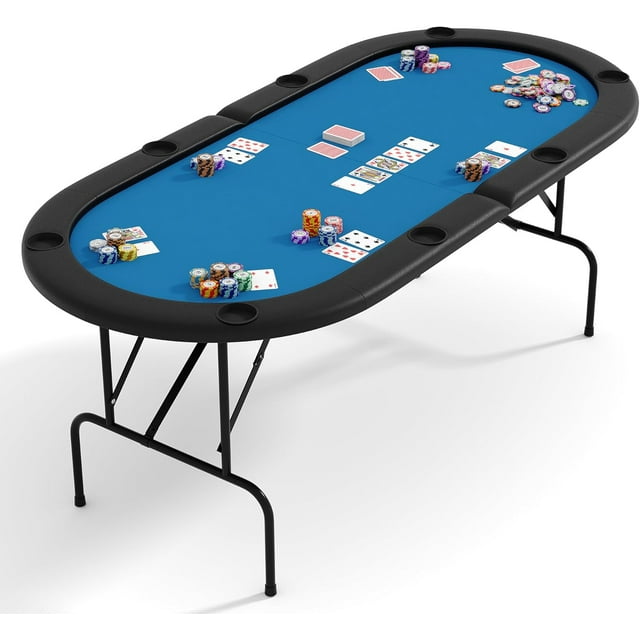 8 Player Oval Poker Game Table, 71" Poker Tables with Collapsible Legs, Padded Rails & Cup Holders, Portable Poker Table for Texas Holdem Poker and Blackjack, Blue