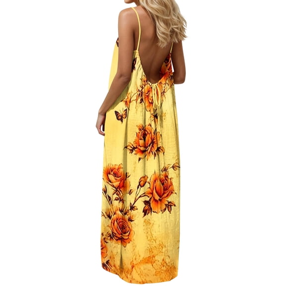 Neewe Womens Maxi Dress Loose Dresses Summer Casual Floral Print Sleeveless Backless Cami Sundress House Dress