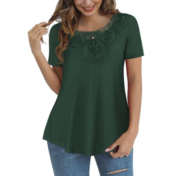 FOLUNSI Womens Plus Size Tops Short Sleeve Shirts Blouses Lace Pleated Tunic Tops M-4XL