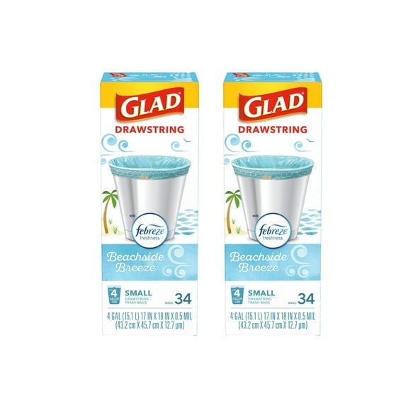 Glad 4 Gal. Odorshield Febreze Beachside Breeze Small Drawstring Trash Bags 34 count, 2 Pack