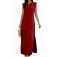 thumbnail image 2 of Women Summer Round Neck Casual Loose Split Wrinkle-Free Long Maxi Vacation Dress with Pockets Wine Red L, 2 of 9