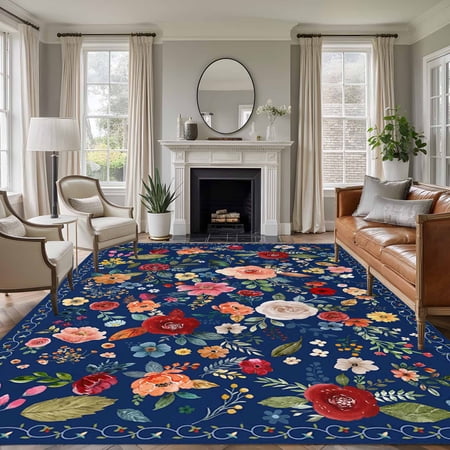 Navy Blue Flowers Area Rug 5x7 Washable Rug Non Slip Spring Vintage Floral Leaves Farmhouse Large Area Rug Soft Stainresistant Indoor Floor Carpet for Living Room Bedroom Home Office Dining Room