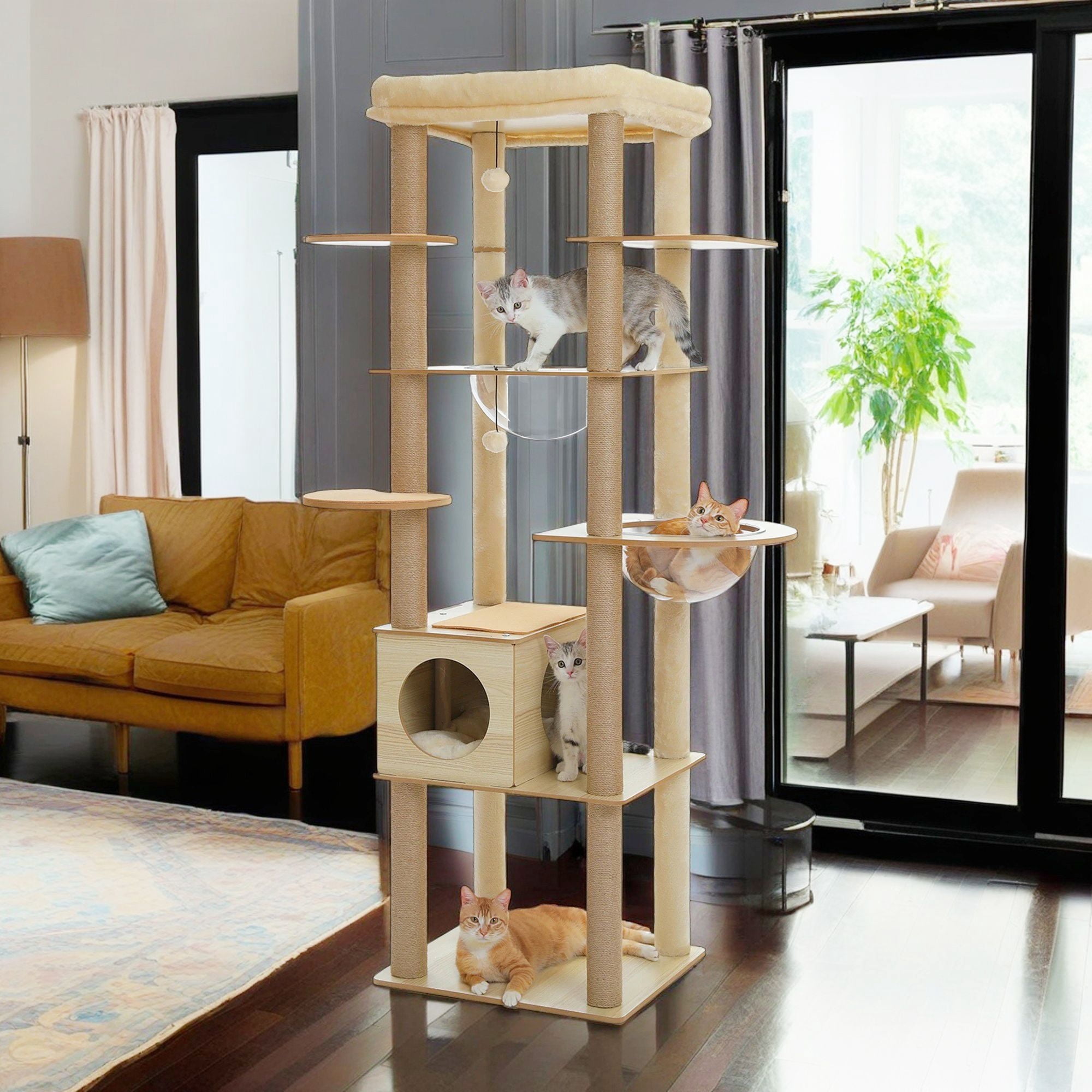 Demi Bonn 71" Wooden Cat Tree Tower for Multiple Cats, Modern Cat Tree House with Cat Condo for Indoor Cats, Beige