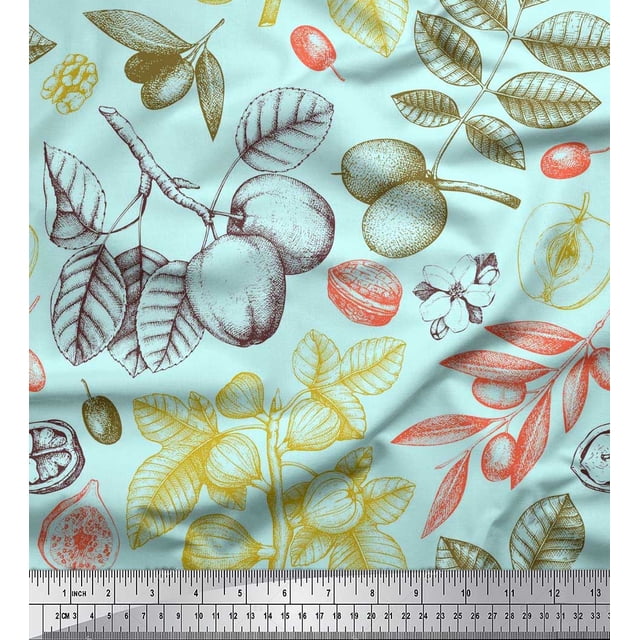 Soimoi polyester Crepe Fabric Leaves & Palm Fruits Printed Fabric 1 Yard 42 Inch Wide