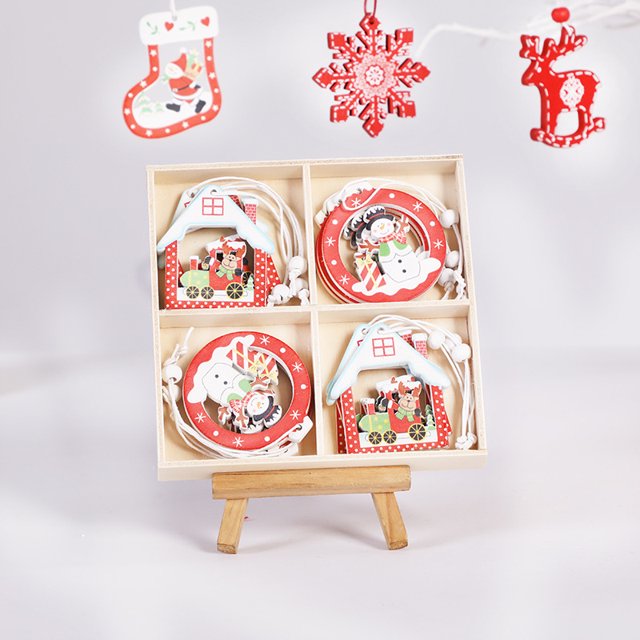 12pcs/box Christmas Snowflake Reindeer Wooden Decorations Pendants Tree Hanging Ornaments for Home Kids Gift Noel Navidad Decor