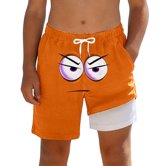 Big Boy Swimwear Sets Trunks Face Prints Shorts Comfortable Double Layer Kids Summer Outfits,Orange,8-9 Years
