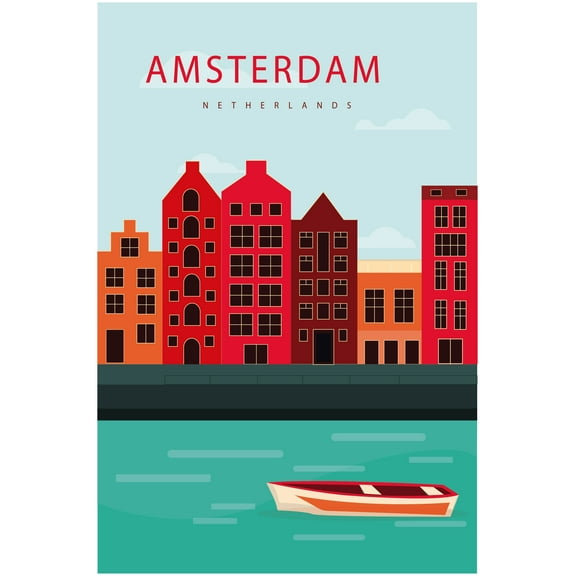 EzPosterPrints - Retro World Famous City Posters - Decorative, Vintage, Retro, Grunge Travel Poster Printing - Wall Art Print for Home Office - AMSTERDAM-2, HOLLAND - 12X18 inches