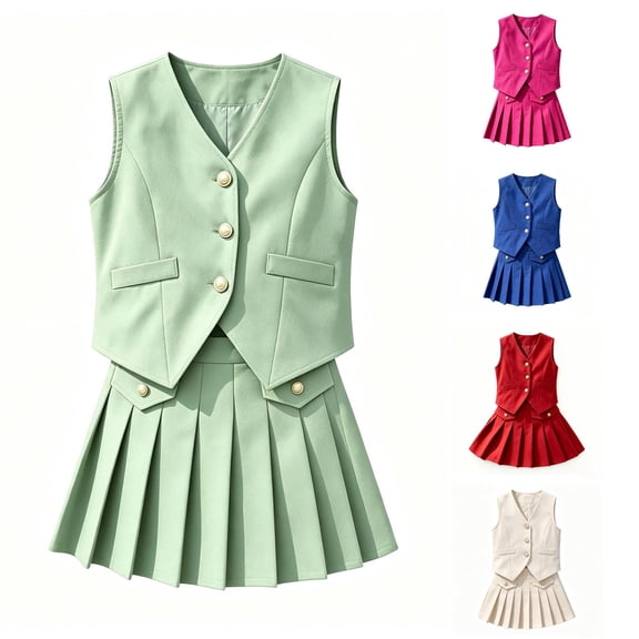 Playtopia 2‑Piece Summer Outfit Set Sleeveless V‑Neck Button‑Decor Vest And Pleated Skirt Size 3Y‑7Y