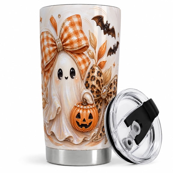 Cute Halloween Ghost Tumbler, 20oz Stainless Steel Tumbler with Pumpkin Stainless steel drinkware with ghost, jack-o-lantern, bows, bats, and autumn leaves for Halloween drinks