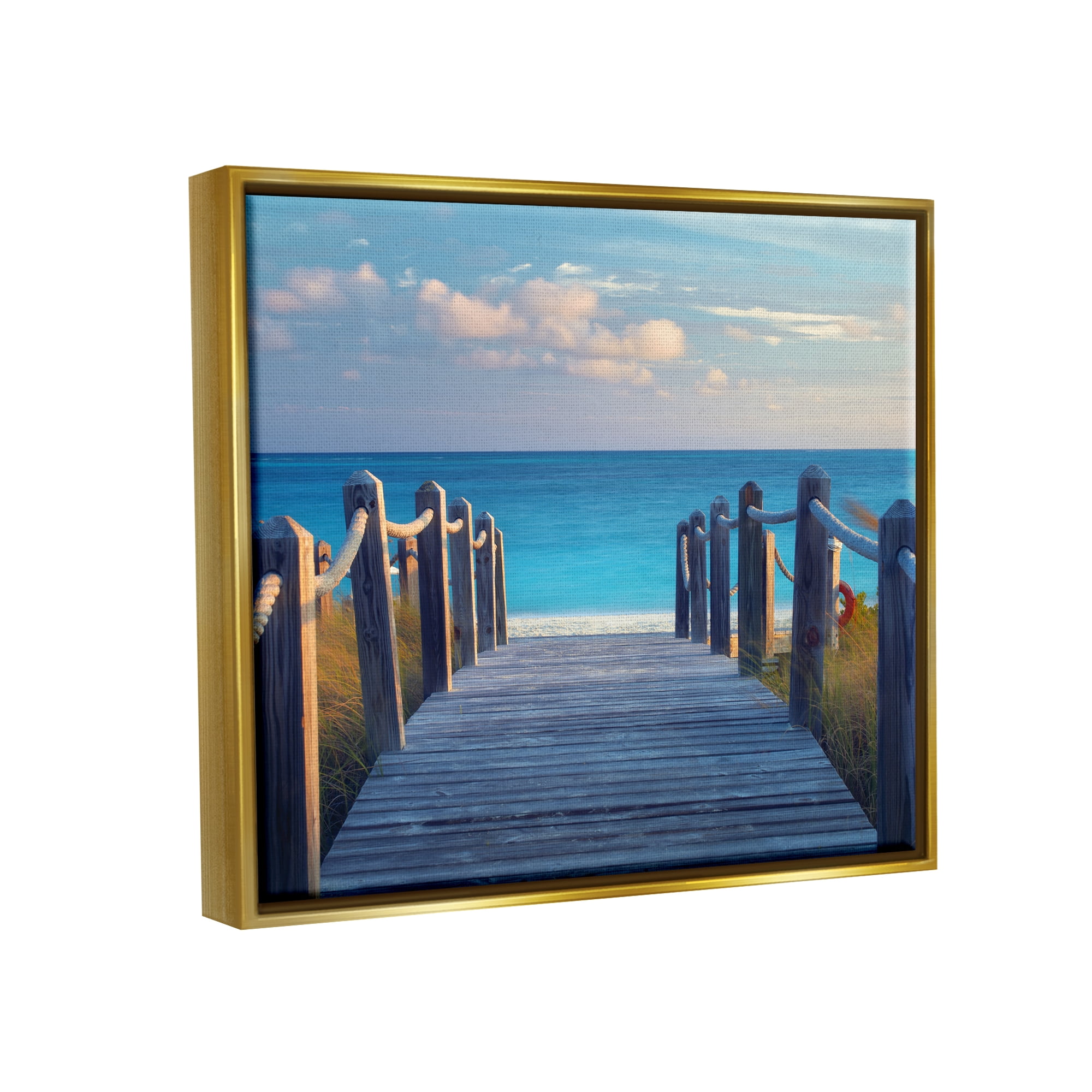 Stupell Industries Summer Boardwalk Beach View Coastal Photography Gold Floater Framed Art Print Wall Art