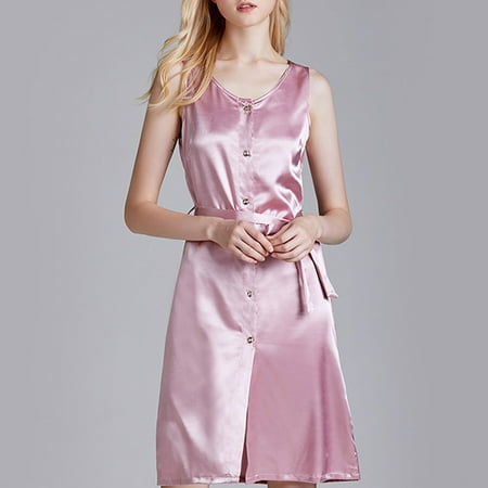 

STEADY Fashion WomenNone Sleeve Printed Nightwear Satin Button Belt Sleepwear