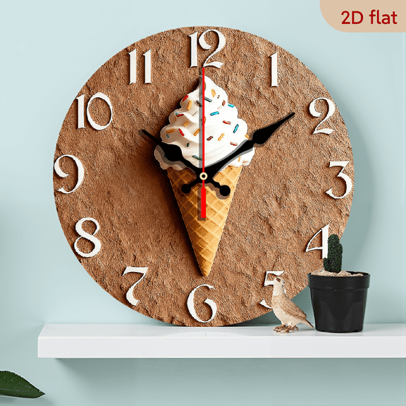 2D Flat 1pc 10Inch Wooden 1pc Ice Cream Theme Wall Clock - 10Inch Round Silent Quartz Movement with Auto-Shut Off, Wooden Frame, Battery Not Included, Perfect For Bedroom, Living Room