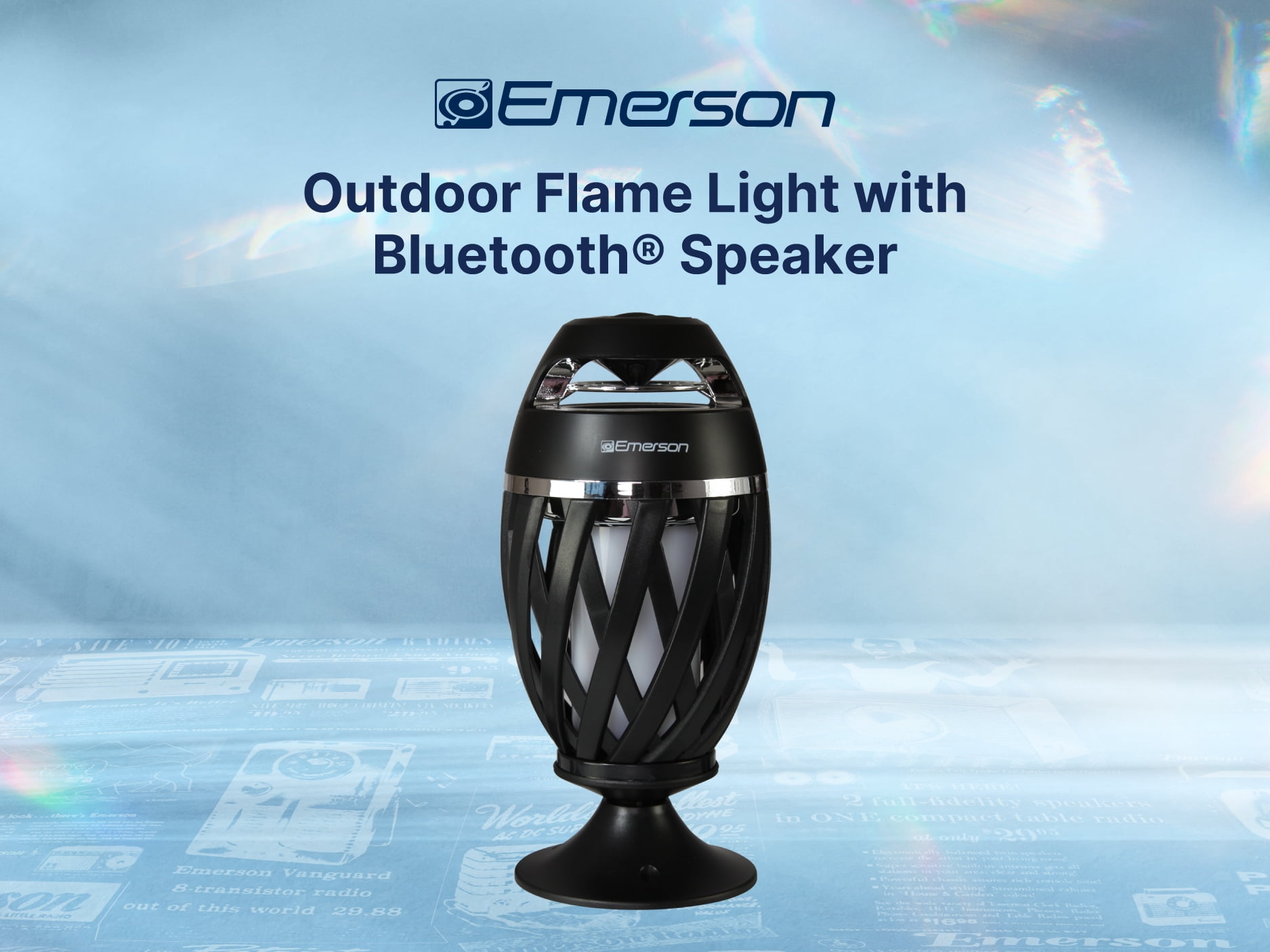 Emerson EAS-4000 Outdoor Flame Lamp with Bluetooth Speaker – Wireless Portable Speaker with Flickering Flame Light, Built-in Rechargeable Battery, and 360° Sound for Patio, Yard, Camping, and Parties