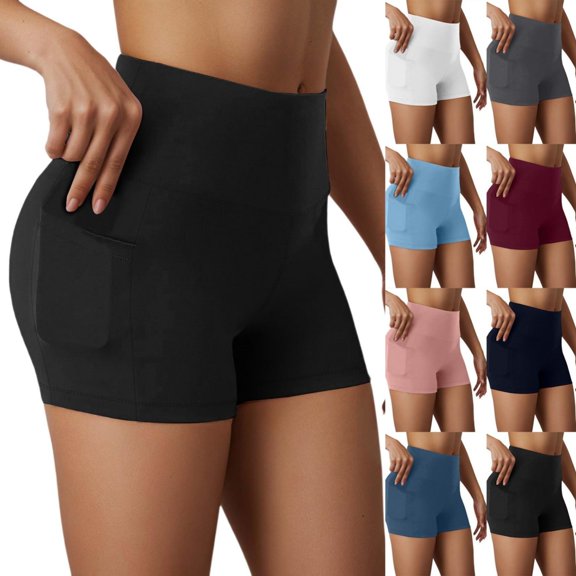 Bmisegm Running Shorts for Women Solid Color High Waist Yoga Workout Fitness Activewear Stretchy Breathable Shorts with Pockets Black XL