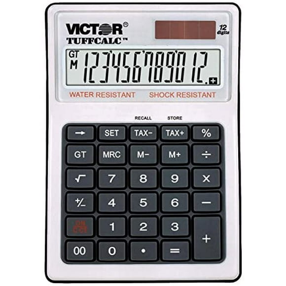 Victor 99901 TUFFCALC Calculatrice de Bureau 12 Chiffres Résistant à l'Eau et aux Chocs avec Clés Fiscales, Blanc et Gris