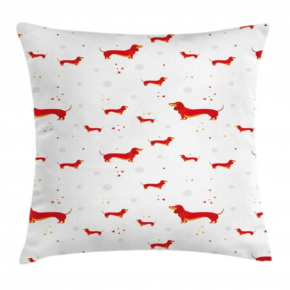 Dachshund Throw Pillow Cushion Cover, Pet Lover Simplicity Sausage Dog with Hearts and Dots, Decorative Square Accent Pillow Case, 24" X 24", Vermilion Pale Orange Pale Grey White, by Ambesonne