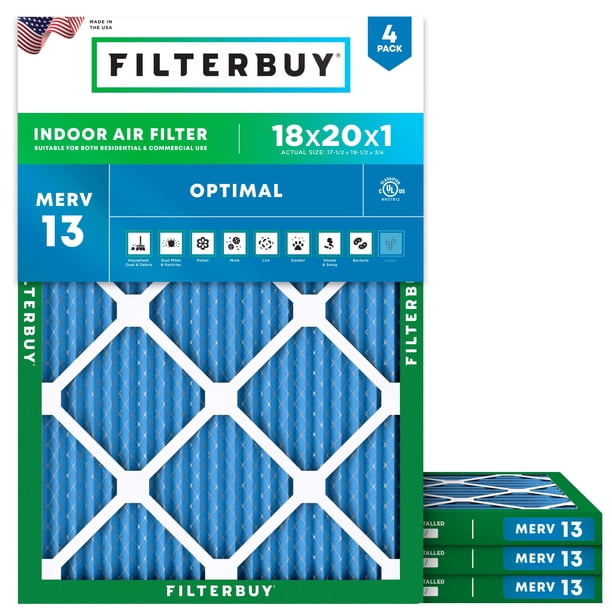 Filterbuy Filtro de aire 18x20x1 MERV 13 Optimal Defense (paquete de 4) Reemplazo de filtros de aire plisados para horno HVAC AC (tamaño real: 17.50 x 19.50 x 0.75 pulgadas)