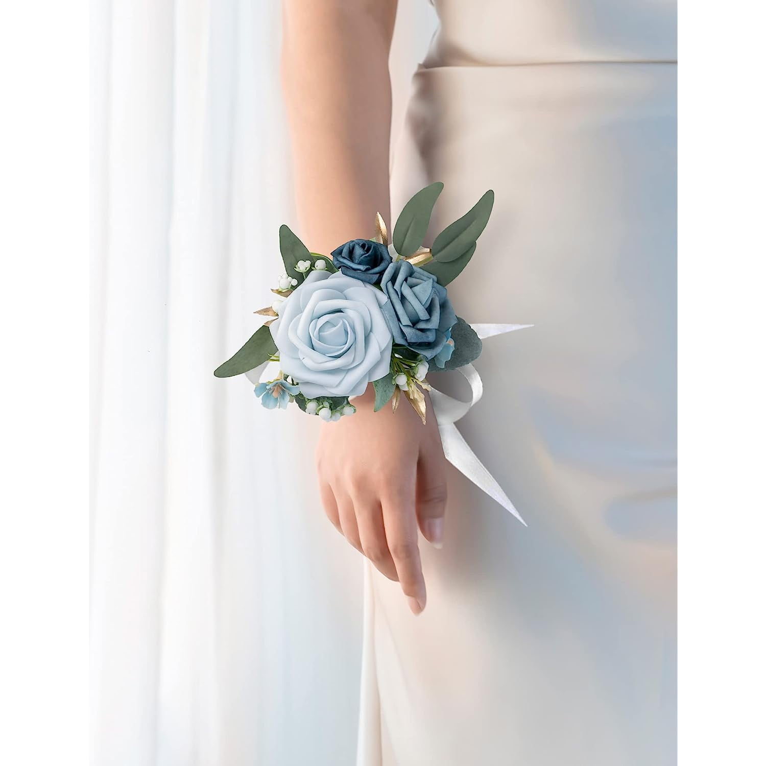 Holzlrgus Set of 2 Wrist Corsage Wristlet for Wedding Bridesmaid Mother Grandmother for Bridal Shower Wedding Artificial Roses Flower Prom (Dusty Blue