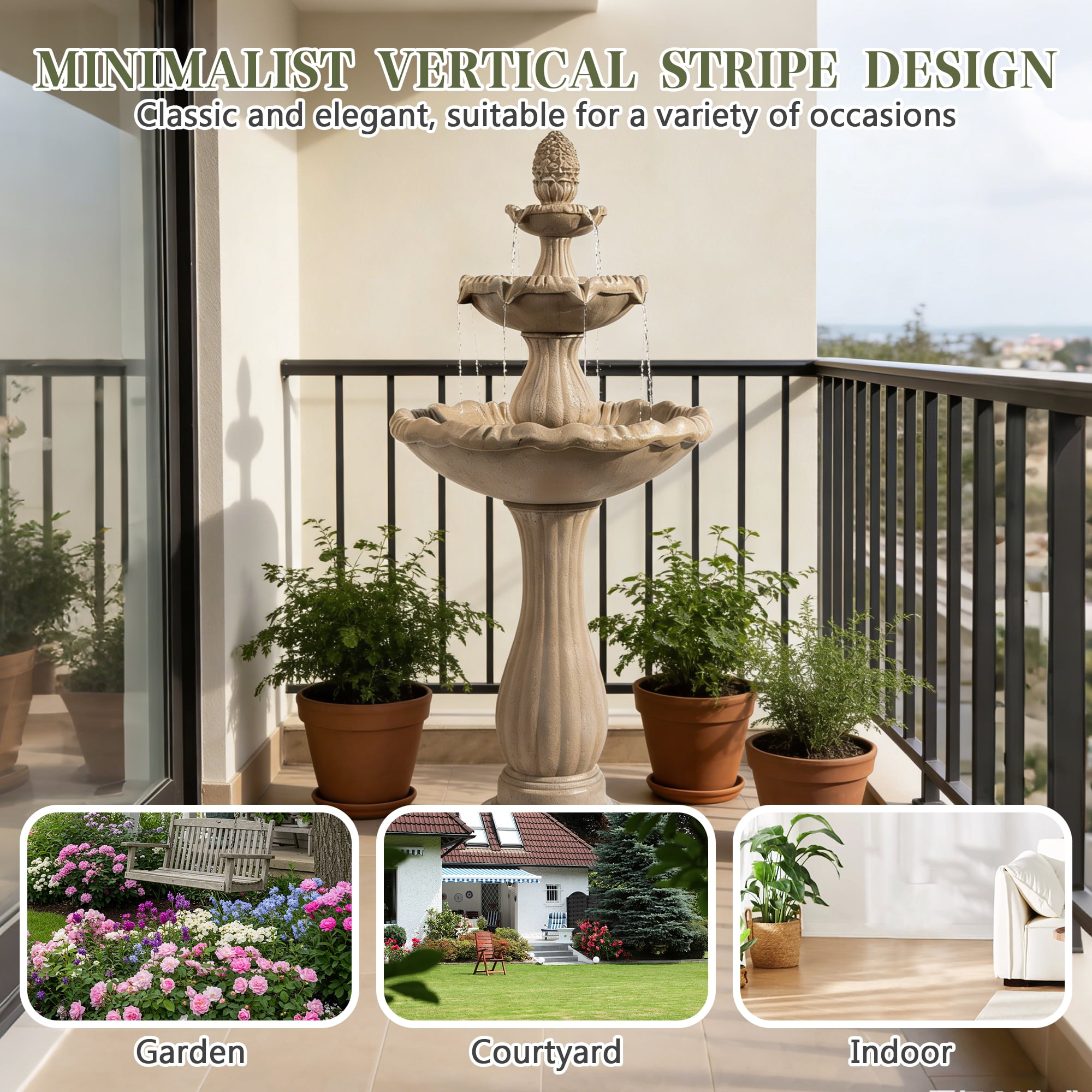 48.03" Outdoor Water Fountain, 3-Tiers water feature Outdoor Freestanding Waterfall Fountains for Garden, Patio