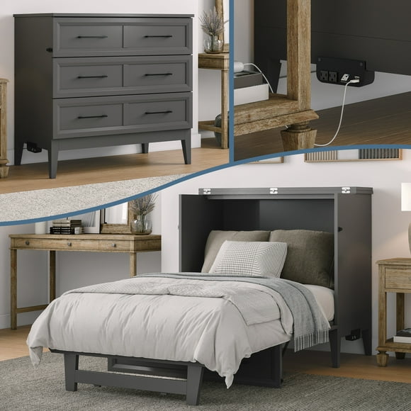 Santa Fe Twin Wood Murphy Bed Chest with Mattress & Built-in Charger in Gray