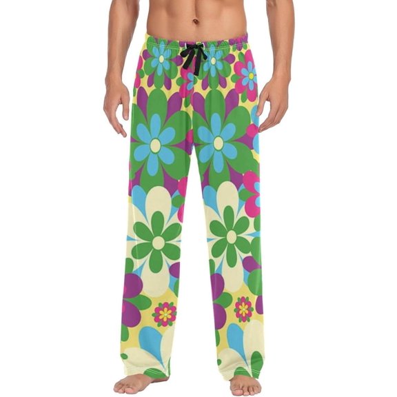 Floral Daisy Pattern Ghost Pajama Pants, Men's Lounge Pants Light with Drawstring and Pockets, Christmas New Year Birthday Father's Day Gifts, Small