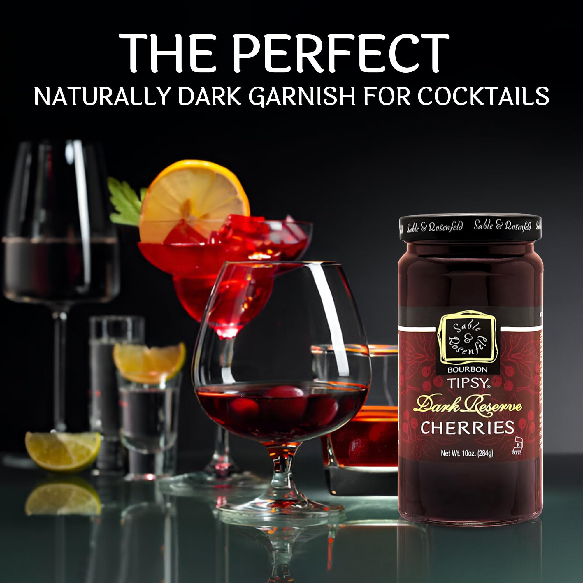 Bourbon Tipsy Dark Cherries Cocktail Garnish - Bourbon Cherries in Spiked Syrup, Cocktail Cherries for Old Fashioned, Dessert, Cheese Tray - Kosher Parve - Sable & Rosenfeld - 10 Oz (Pack 6)