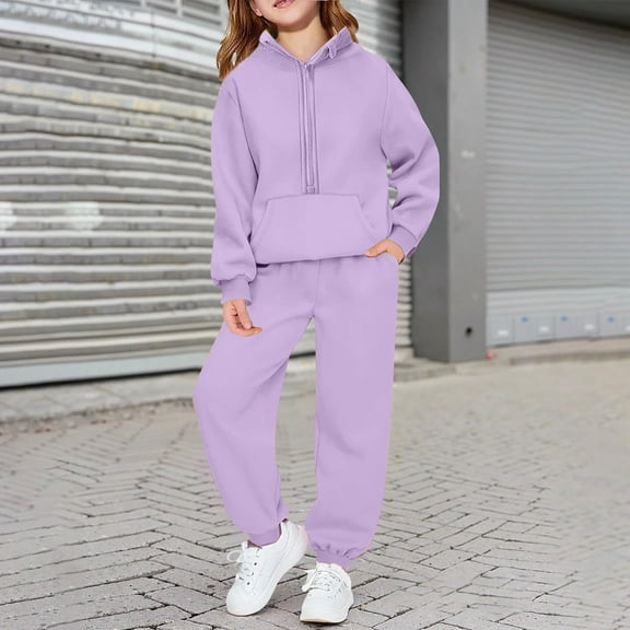 Unisex Purple Kids 2-Piece Outfit Set - 100% Polyester Hooded Half-Zip Top & Jogger Pants Tracksuit for 4-12 Years, Machine Washable,Size 7-8T