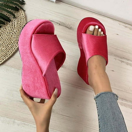 

JeashCHAT Clearance Slip On Slide Sandals for Women Women s Wedge Heel Slippers Thick Bottom Fish Mouth Solid Color Casual Slippers (Hot Pink)