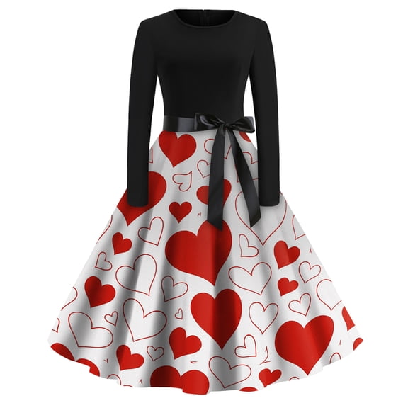 Fgvctg Valentine's Day Party Dresses for Women Vintage Cocktail Dress 1950s Love Heart Print Crewneck Dresses A-Line Date-Night Sweet Long Sleeve Clothing Fit Outfit Red 3XL