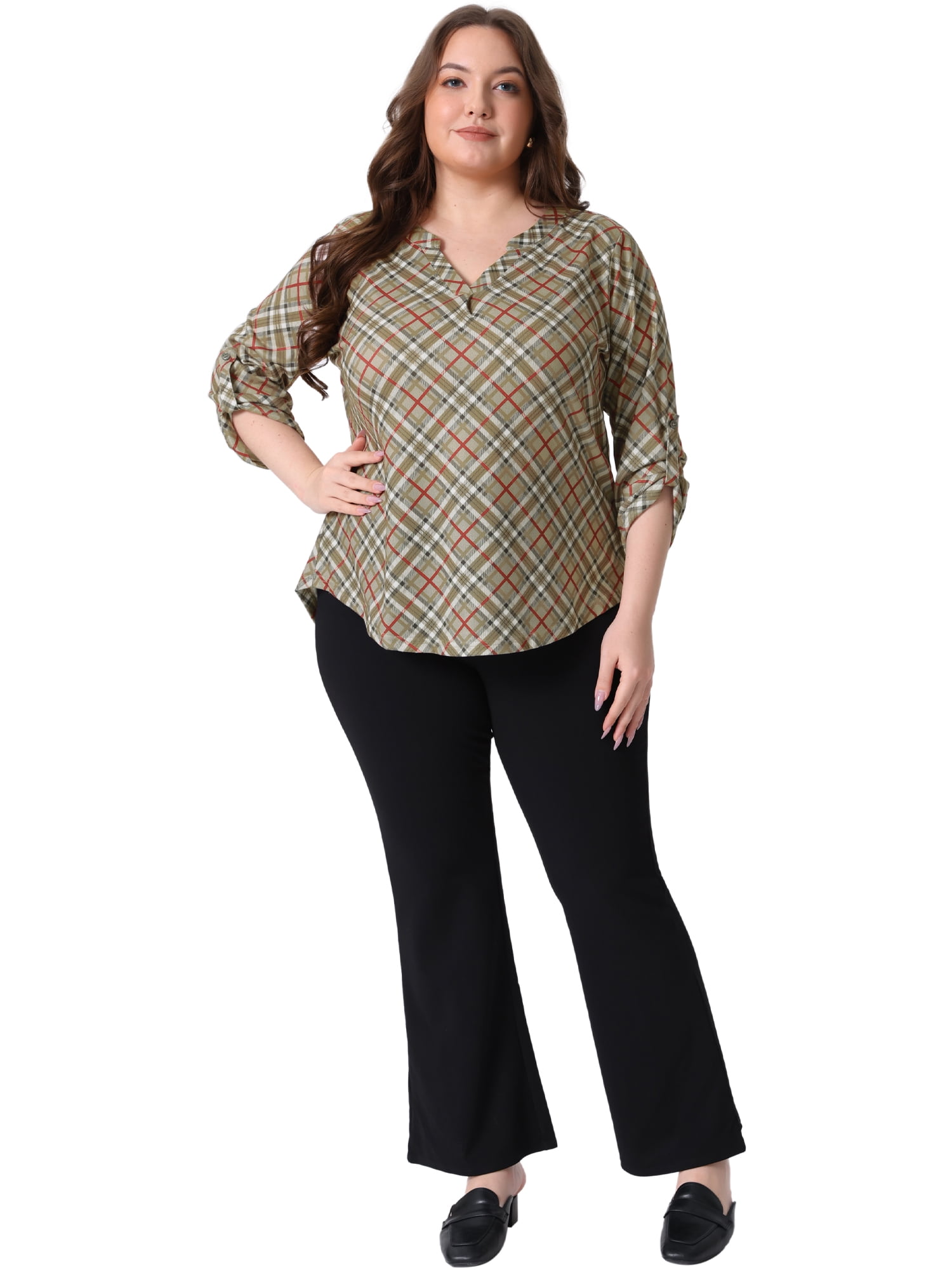 DARING DIVA Women's Plus Long Sleeve V Neck Casual Plaid Blouse 4X Khaki