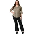 thumbnail image 3 of DARING DIVA Women's Plus Long Sleeve V Neck Casual Plaid Blouse 1X Khaki, 3 of 6