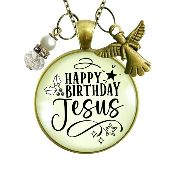 Happy Birthday Jesus Necklace Merry Christmas Gutsy Goodness Female Adult Bronze Metal Jewelry