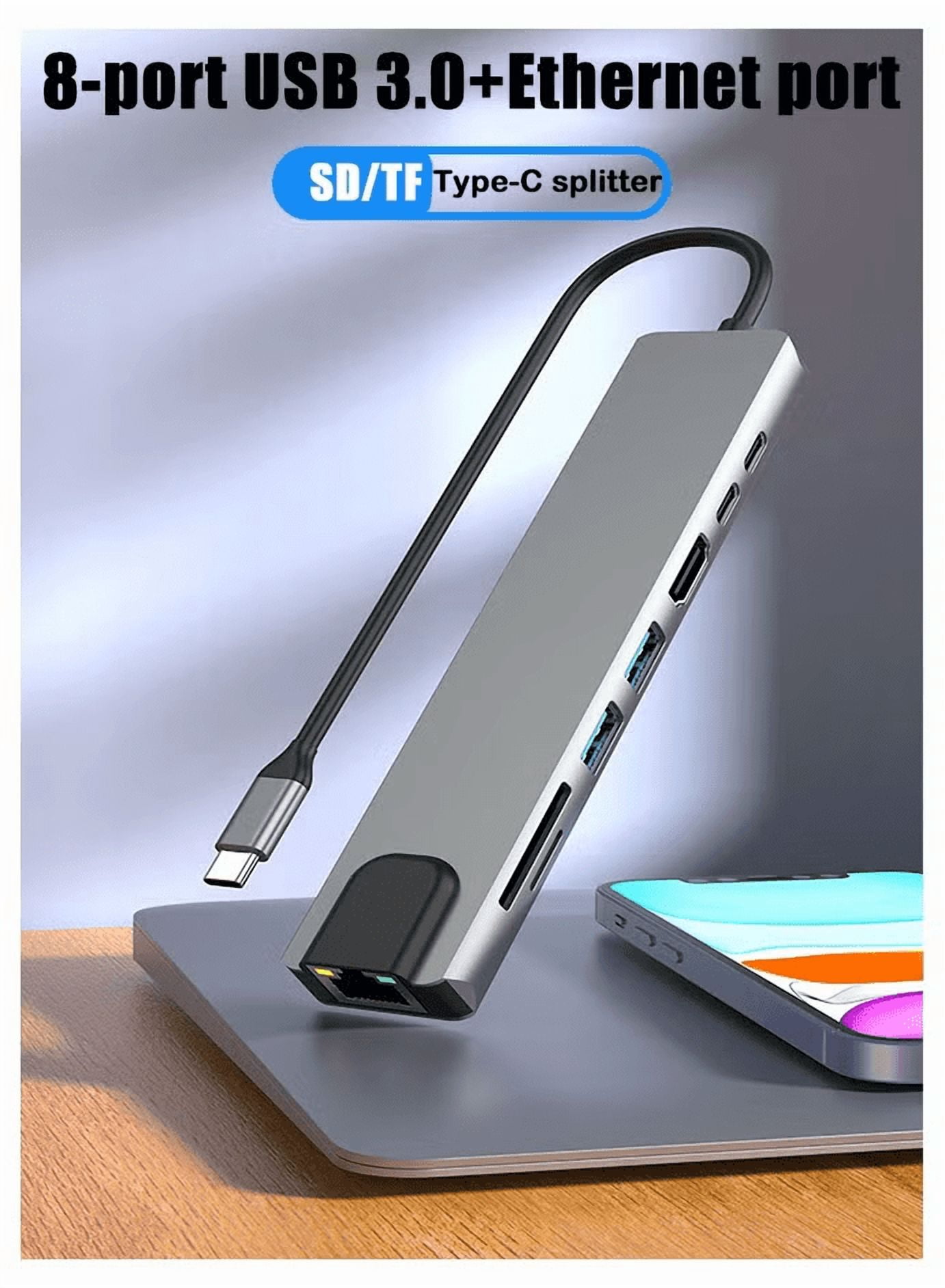 USB C Hub 8-in-1 Adapter with 4K HDMI, 100W PD Charging, 3 USB 3.0 Ports, Ethernet Port, SD/TF Card Reader, USB-C Multiport Hub Compatible with MacBook, Windows Laptop, iPad, Android