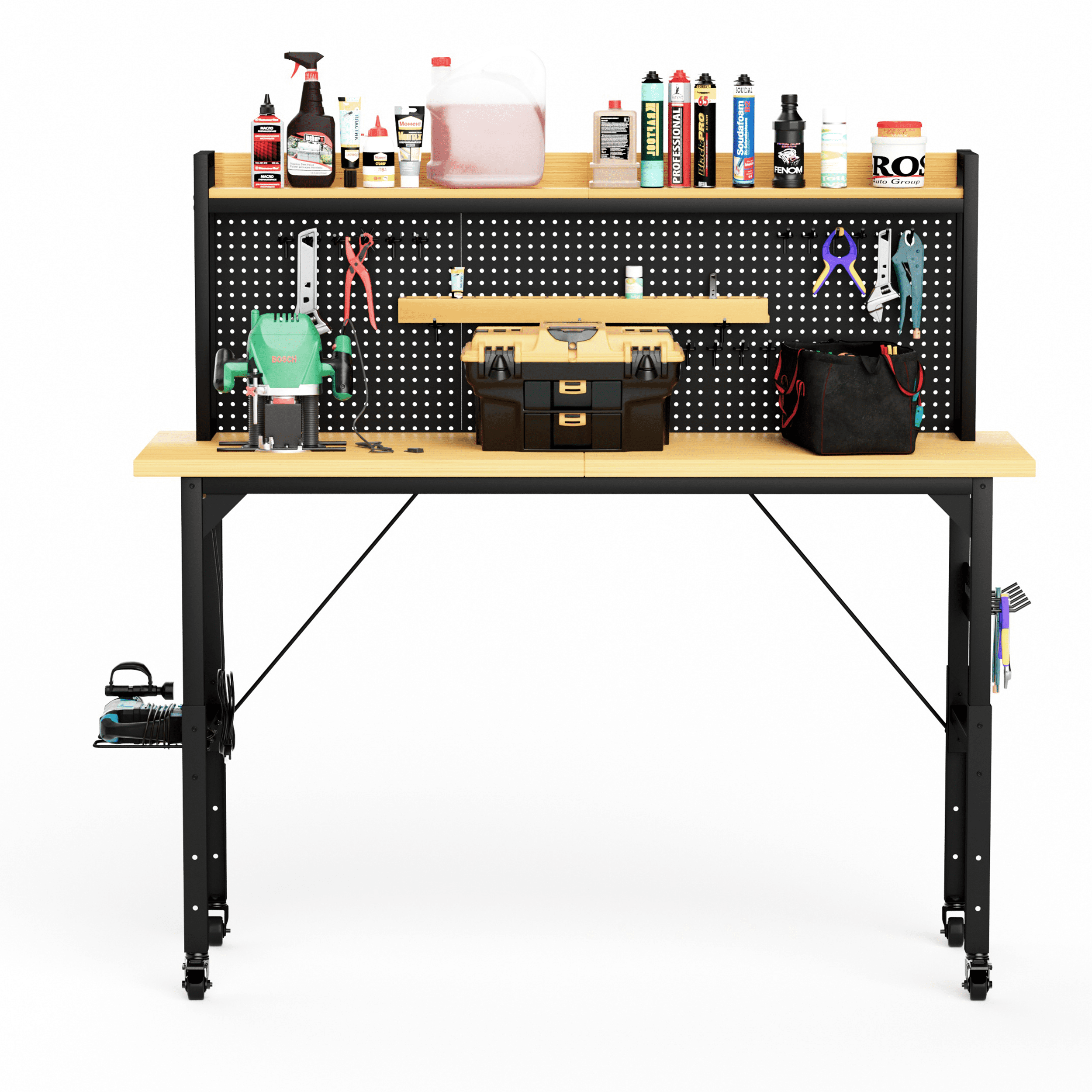 71" Adjustable Workbench with Pegboard, Heavy Duty Wooden Desktop Workbench with Wheels, 1600 lb. Load Capacity, Rolling Workbench with AC/USB Outlet,Hooks,Shelf for Garage,Workshop,Office,Home
