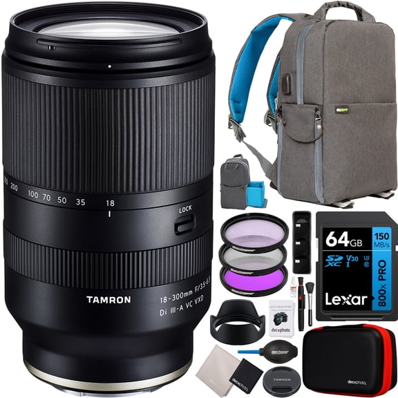 Tamron 18-300mm F/3.5-6.3 Di III-A VC VXD Zoom Lens for Canon RF Mount APS-C Mirrorless Cameras Model B061 Bundle with Deco Gear Photography Backpack   UV Polarizer FLD Filter Kit and Accessories
