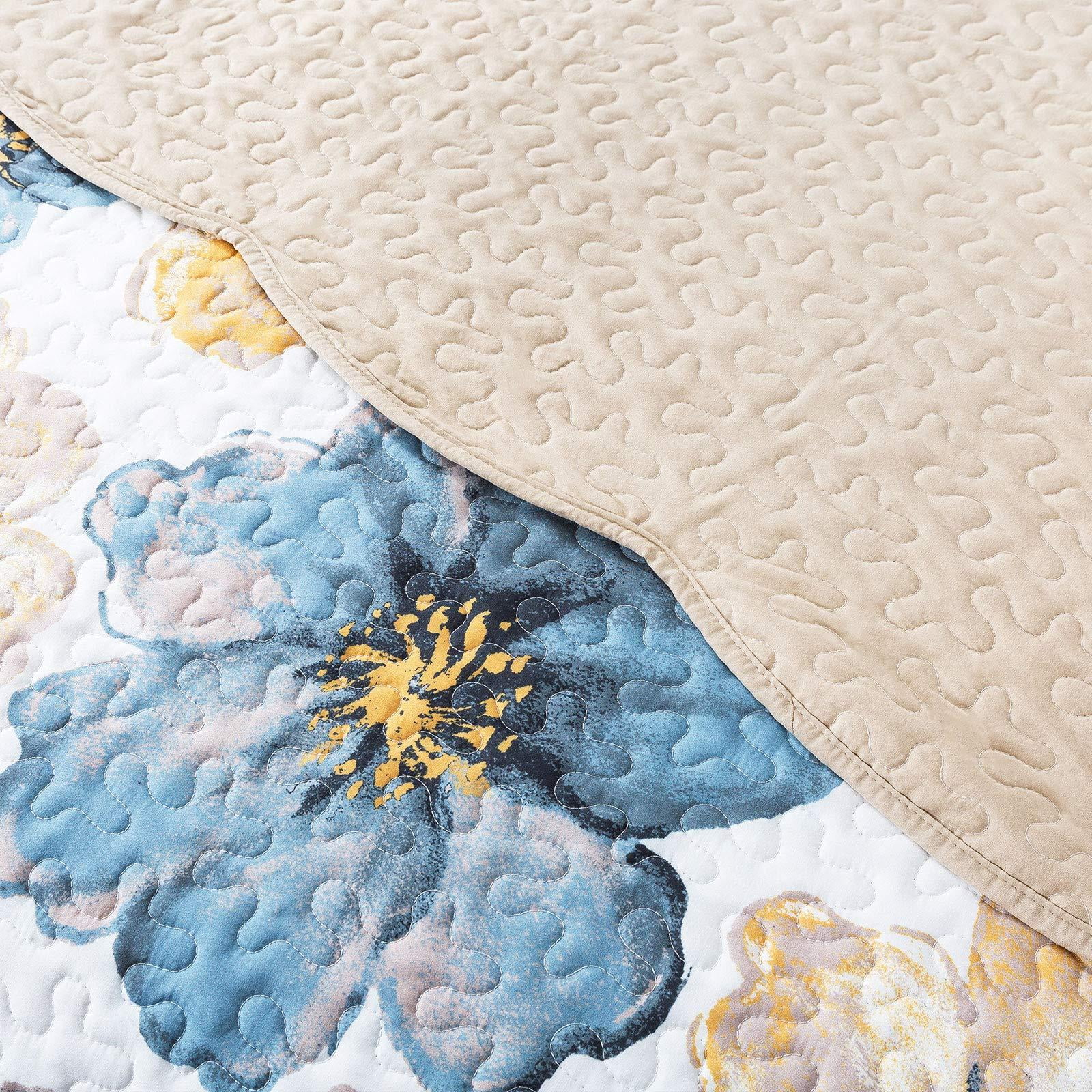 WannaToo Quilts King Size - 3 Piece Microfiber Quilt set Reversible Bedspreads Patchwork Coverlets Floral Bedding Set All Season, Blue and Glod