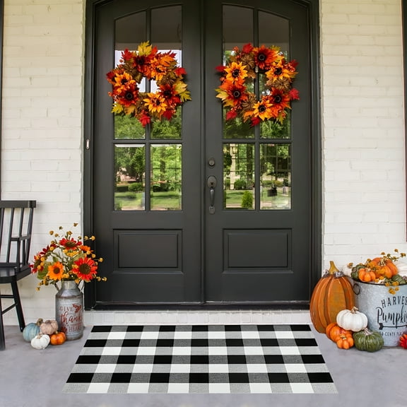 LAMIRO Buffalo Plaid Outdoor Rug,Fall Decor Front Door Mat,Layered Welcome Door Mat,Halloween Fall Thanksgiving Front Porch Entryway Farmhouse Decor Floor Mat
